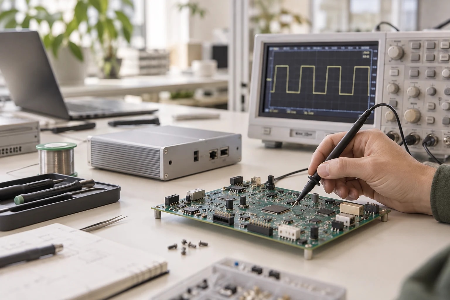 PCB kart ve elektronik test düzeneğini gösteren temsili laboratuvar çalışması.