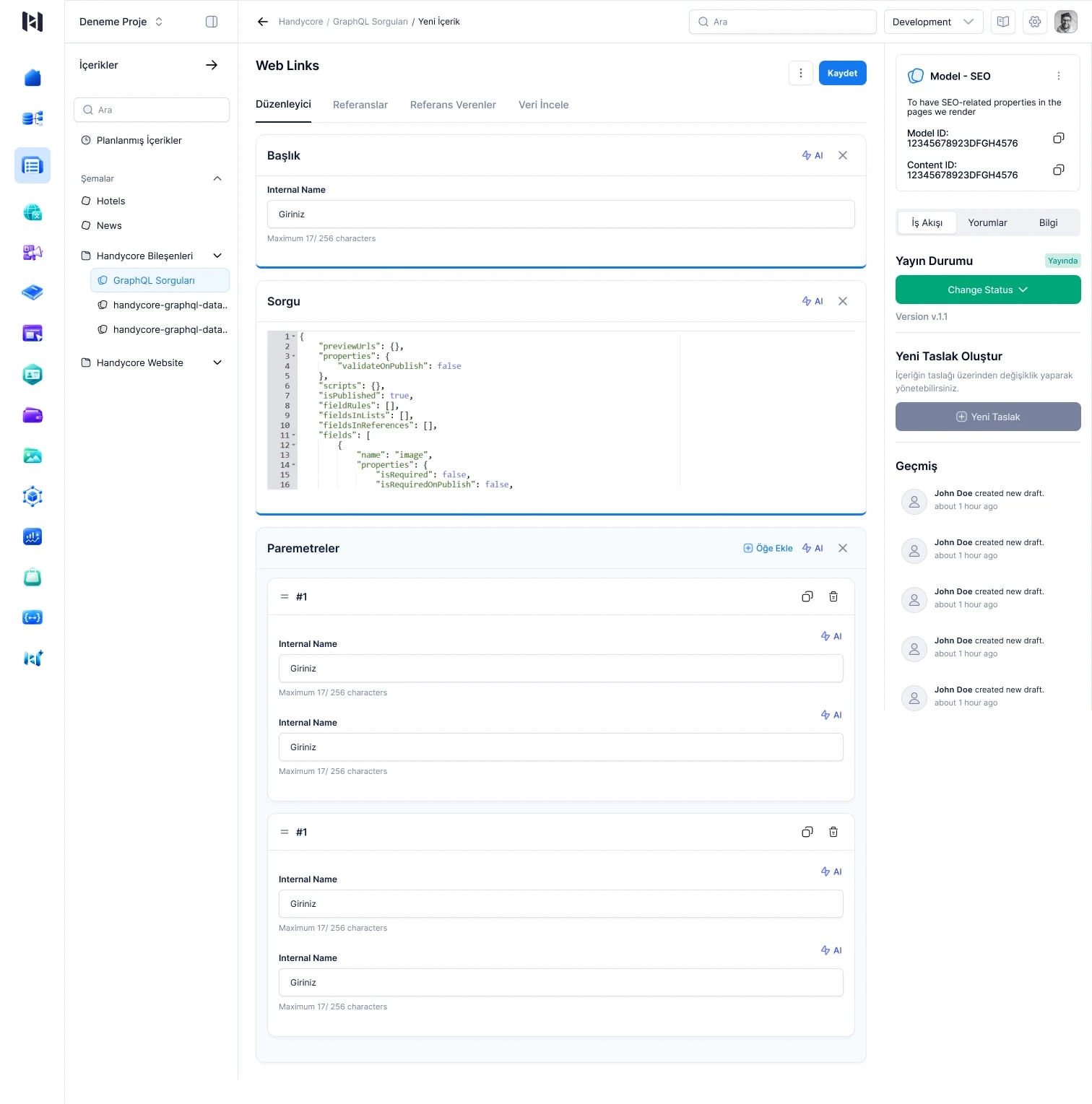 Handycore Contents editöründe modele göre oluşturulan alanlar, AI yardımı, yayın durumu ve sürüm geçmişi.