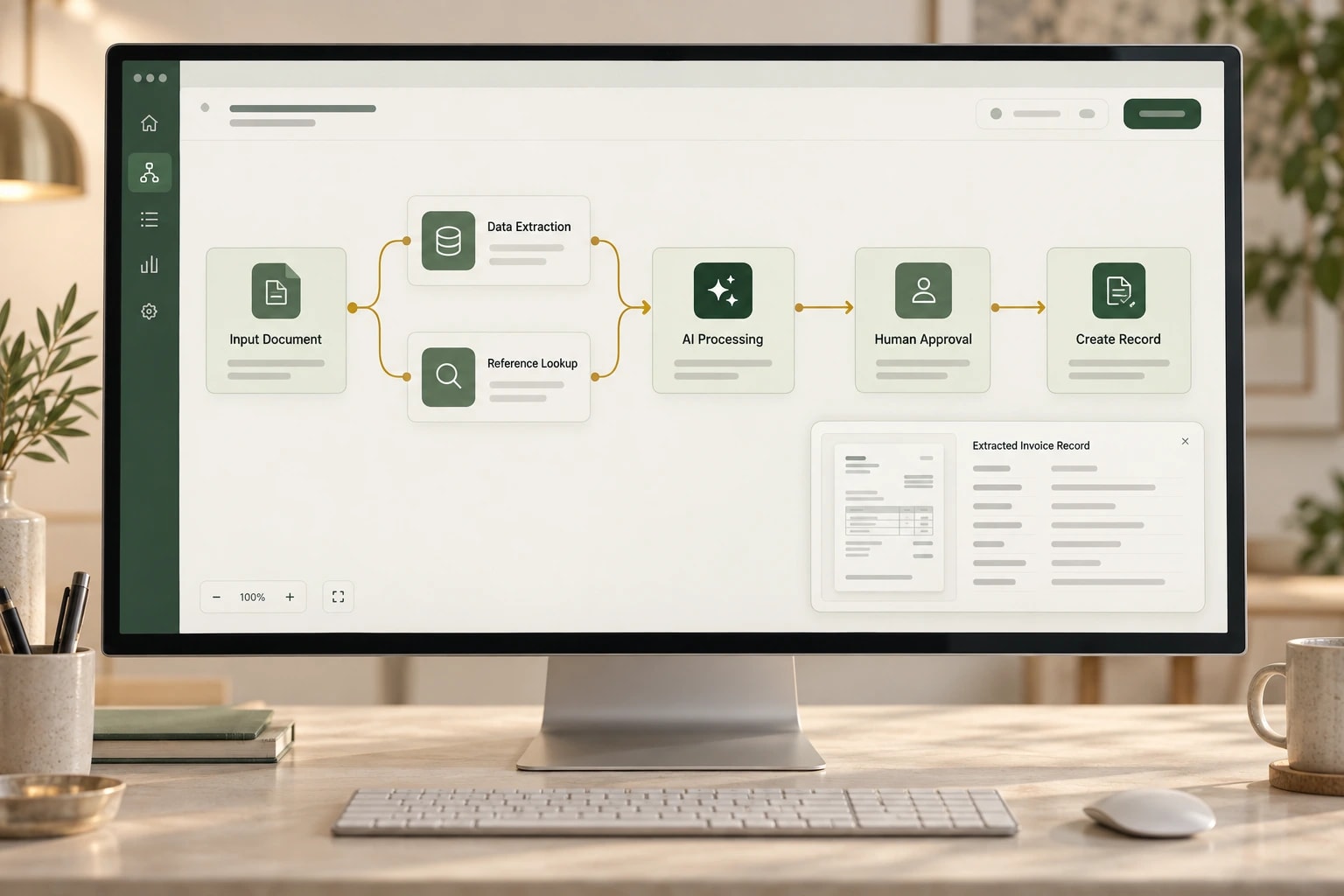 Belge, servisler, AI işleme, insan onayı ve sonuç kaydını bağlayan temsili workflow arayüzü.